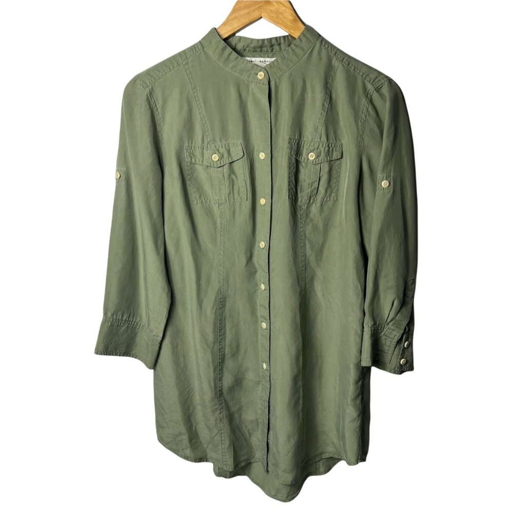 Banana Republic 100% Silk Women's Green Utility Blouse 3/4 Sleeve Roll-Tab Small